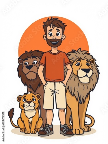 Man with three lion drawing cartoon