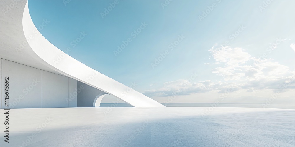 Sleek white architectural building with abstract design, set against a stunning city skyline and ocean view. The minimalist background, clean ground, and expansive sky provide the perfect commercial b Sleek white architectural building with abstract design, set against a stunning city skyline and ocean view. The minimalist background, clean ground, and expansive sky provide the perfect commercial b