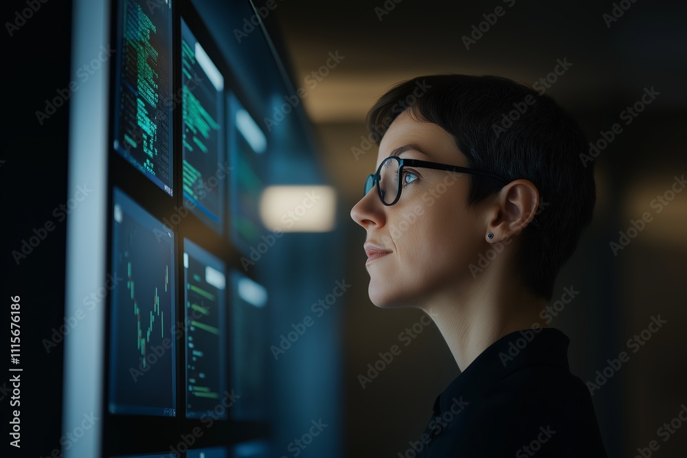 Cybersecurity analyst monitors multiple screens in a high-tech office environment Cybersecurity analyst monitors multiple screens in a high-tech office environment