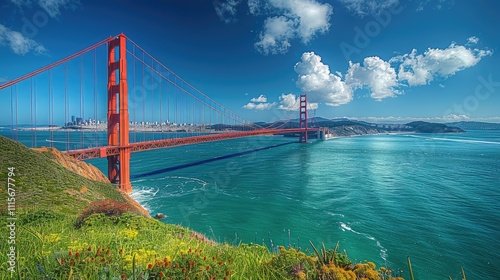 Wallpaper Mural Panoramic view of the Golden Gate Bridge on a sunny day, with vibrant blue water and wildflowers in the foreground. Torontodigital.ca