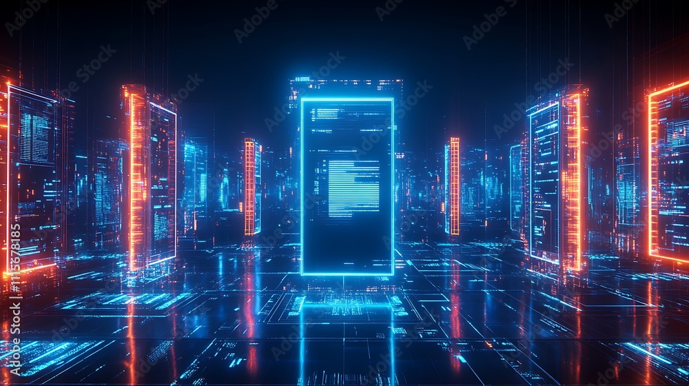 Fototapeta premium Futuristic Digital Data Processing Environment with Neon Lights and Abstract Code Structures in Dark Setting
