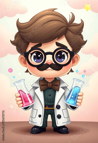 Chibi Male Scientist with Bubbling Beakers and Pastel Clouds photo