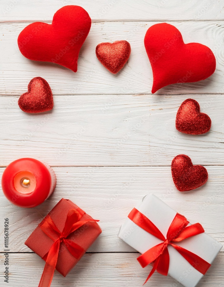 Fototapeta premium Wooden white background with red hearts, gifts and candles. The concept of Valentine Day