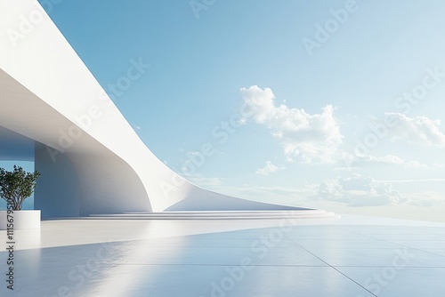 Elegant white architectural building with abstract design, positioned against a stunning city skyline and ocean view. The minimalist background, clean ground, and expansive sky create a perfect settin photo