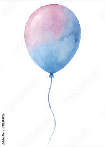 A watercolor painting of a blue and pink balloon
