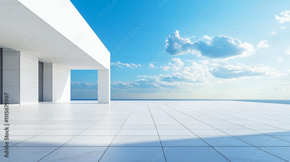 Obraz premium Elegant white architectural building with abstract design, positioned against a stunning city skyline and ocean view. The minimalist background, clean ground, and expansive sky create a perfect settin