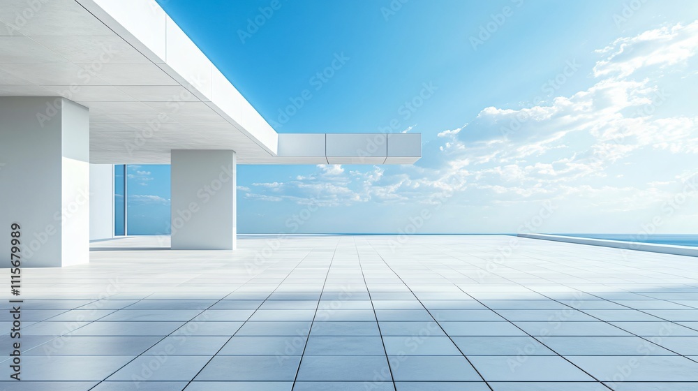 Fototapeta premium Elegant white architectural building with abstract design, positioned against a stunning city skyline and ocean view. The minimalist background, clean ground, and expansive sky create a perfect settin