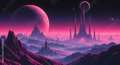 Surreal Pink Alien World with Majestic Spires and Planets