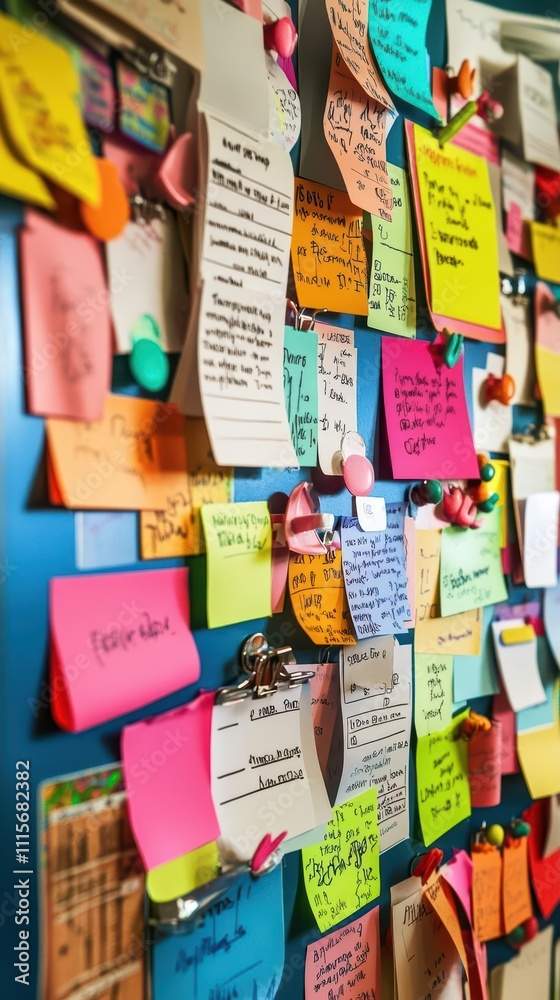 Fototapeta premium A vibrant wall covered with colorful sticky notes and reminders.