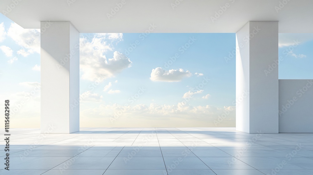 Obraz premium Elegant white architectural building with abstract design, positioned against a stunning city skyline and ocean view. The minimalist background, clean ground, and expansive sky create a perfect settin