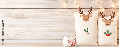 Shopping bag mock up concept. Cozy holiday-themed pillows with reindeer designs, surrounded by festive decorations on a rustic wooden background.