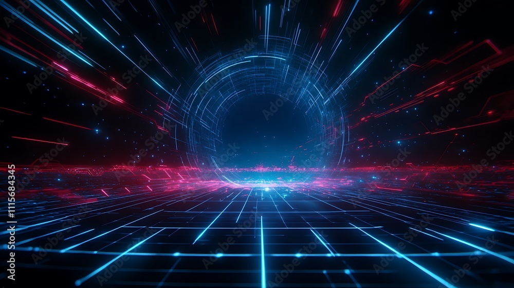 Obraz premium Futuristic Digital Tunnel with Glowing Blue and Red Lines in a Sci-Fi Style Environment