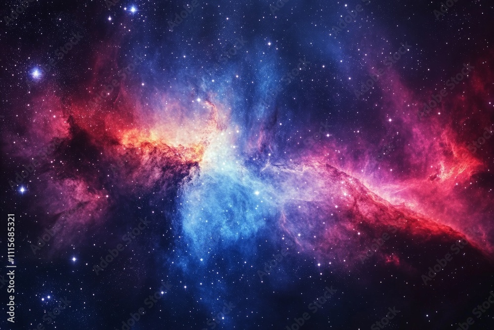 Obraz premium A mesmerizing nebula with vibrant colors and a cluster of shining stars spread across the vast expanse of space, symbolizing the boundless wonders of the universe.