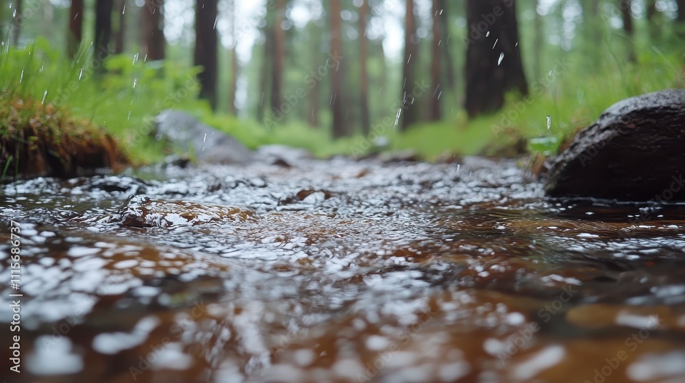 Fototapeta premium Serene Forest Stream Rain Rocks Nature Photography