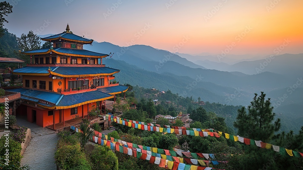 A serene mountain temple at sunset, surrounded by prayer flags and lush hills. A serene mountain temple at sunset, surrounded by prayer flags and lush hills.