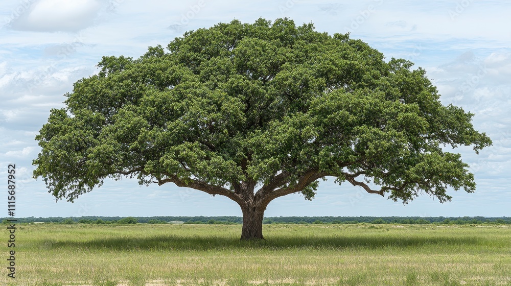 Fototapeta premium Majestic Lone Oak Tree in Green Field Sunny Sky