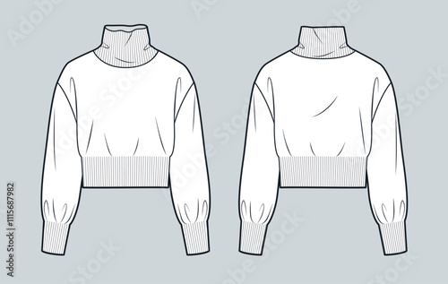 Roll Neck Sweater technical fashion illustration. Crop Sweater fashion flat technical drawing template, oversize, front and back view, white, women, men, unisex Top CAD mockup.