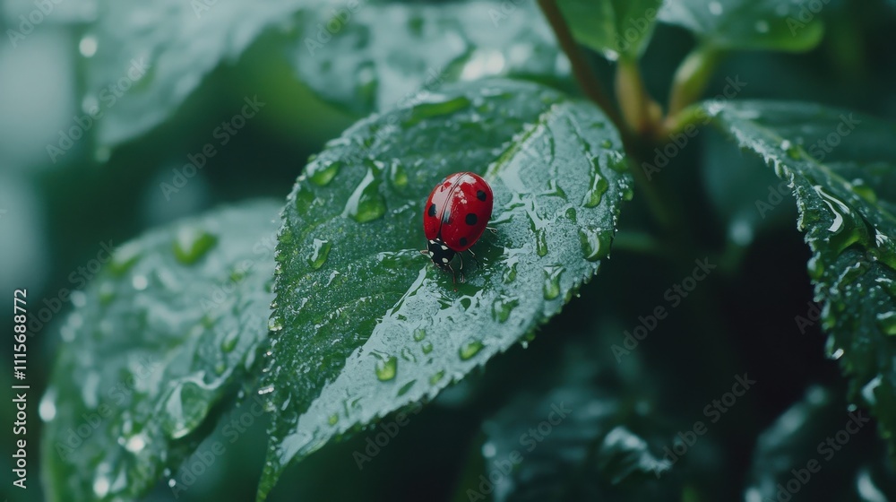 Fototapeta premium Ladybug on Lush Green Leaves After the Rain