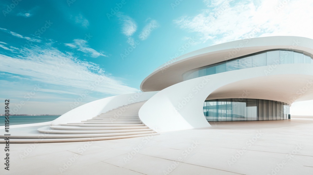 Fototapeta premium Modern white architectural building with artistic and abstract design, featuring a clean, minimalist background. The spacious ground and sky offer an ideal setting for an automotive advertisement back