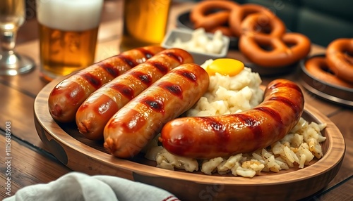 German Bratwurst with Mashed Potatoes and Sauerkraut photo