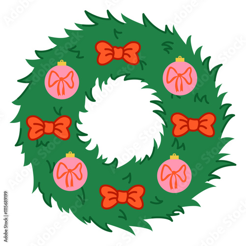 Festive Christmas wreath illustration featuring green pine branches adorned with red bows and pink ornaments. Perfect for holiday-themed projects, Christmas decorations, and festive invitations.