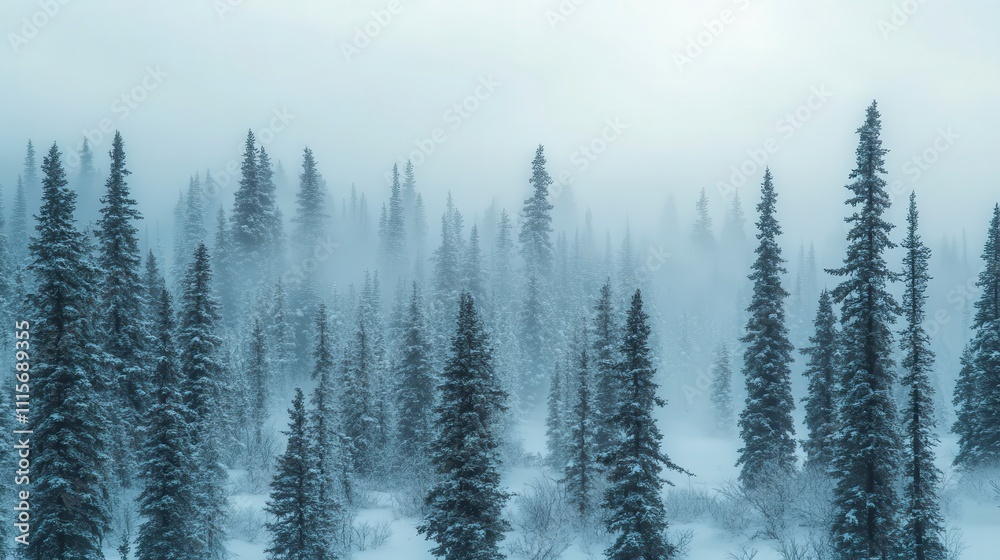 Obraz premium Misty Winter Forest Snow Covered Pine Trees Frozen Landscape