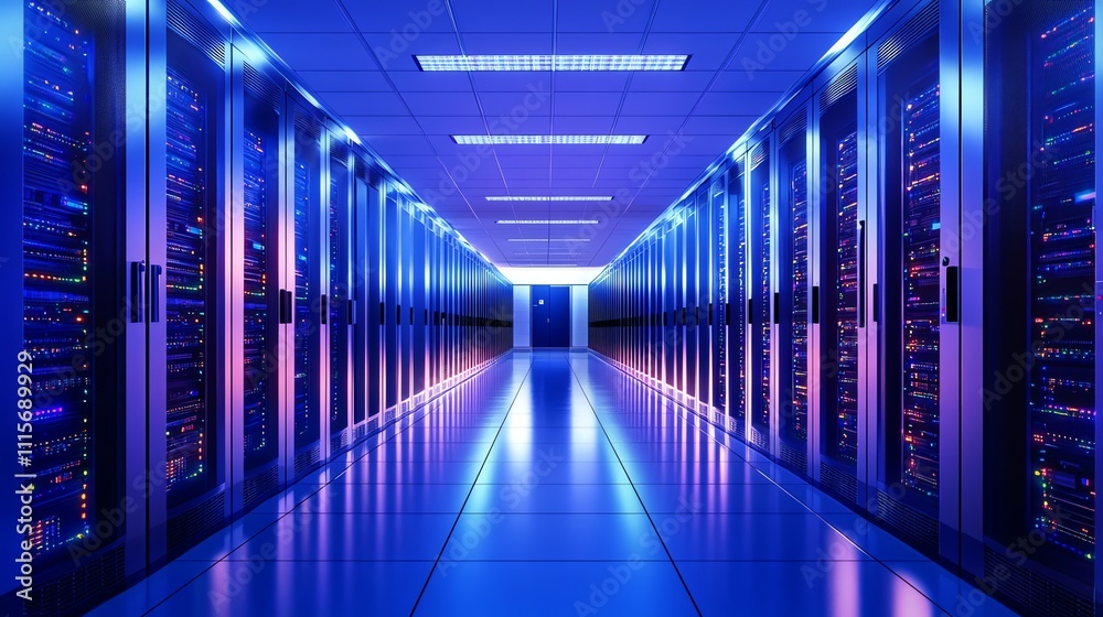 Fototapeta premium A long hallway in a data center with rows of metal racks and a blue wall at the end.