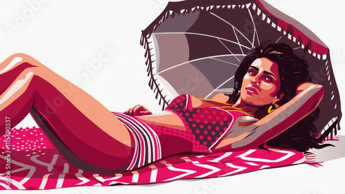 Vector illustration of a glamorous woman lounging under a parasol in a stylish bikini