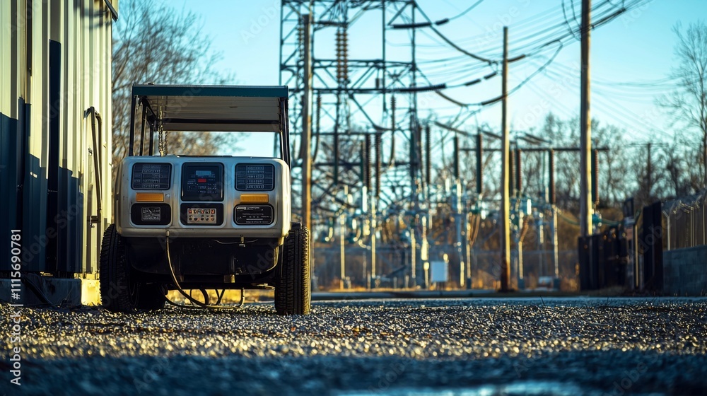 Obraz premium Diesel generator by power substation focus on transformers poles