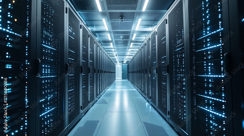 A long hallway in a server room with rows of metal racks and a blue wall at the end. A long hallway in a server room with rows of metal racks and a blue wall at the end.