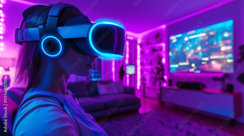 Cinematic shot of a woman wearing VR in Home, cyberpunk theme future concept illustration. Cinematic shot of a woman wearing VR in Home, cyberpunk theme future concept illustration.