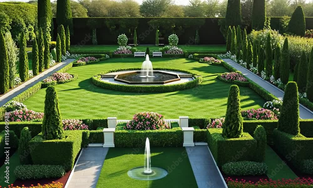 Formal Garden with Octagonal Fountain and Symmetrical Landscaping