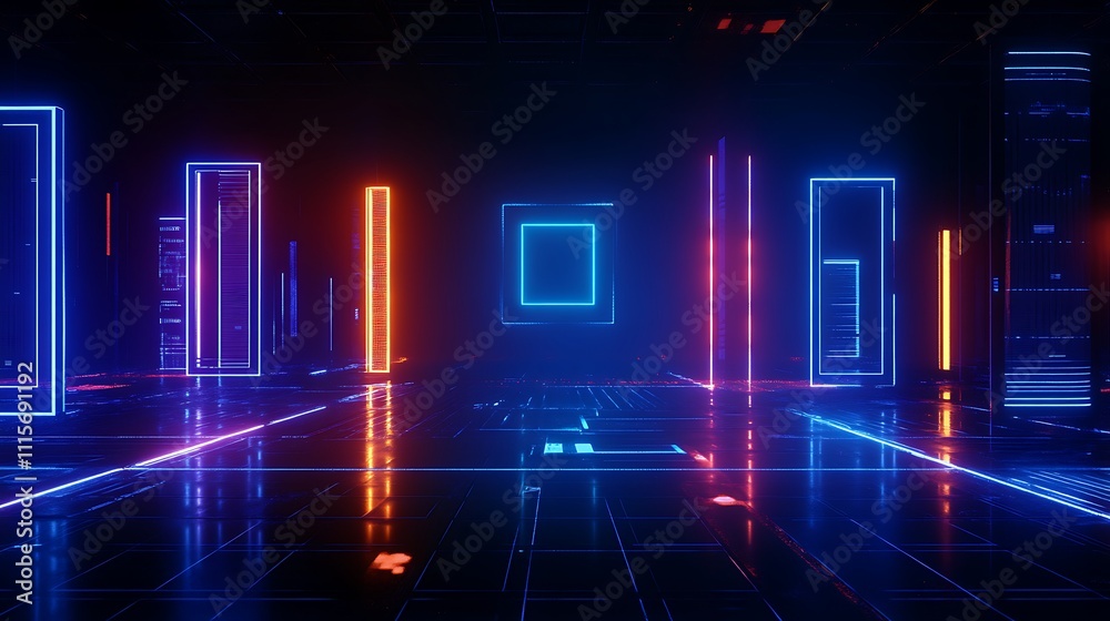 Fototapeta premium Futuristic Neon Room with Glowing Rectangles and Reflections on Dark Floor