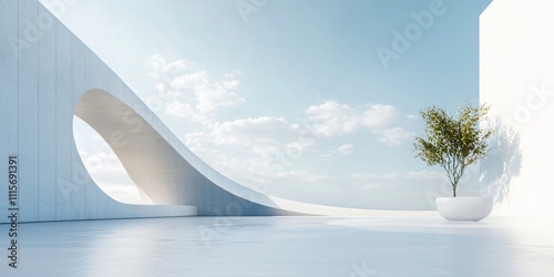 Modern white architectural building with artistic and abstract design, featuring a clean, minimalist background. The spacious ground and sky offer an ideal setting for an automotive advertisement back