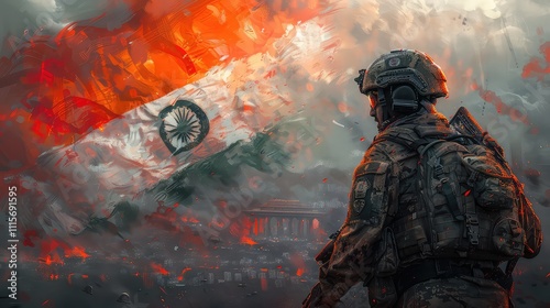 An Indian army soldier with waving Indian flag in background - concept of independence or repubilc day celebration, patriotisms and freedom