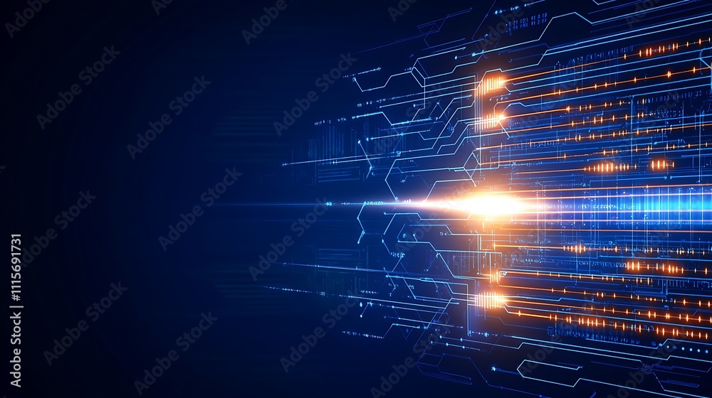 Obraz premium Futuristic Technology Background with Bright Beams and Digital Circuit Elements in Blue and Orange Color Scheme