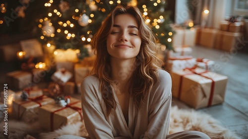 woman positive smile, dressed in beige pyjama sits near Christmas tree in abstract , surrounded by gifts magazine style


 photo