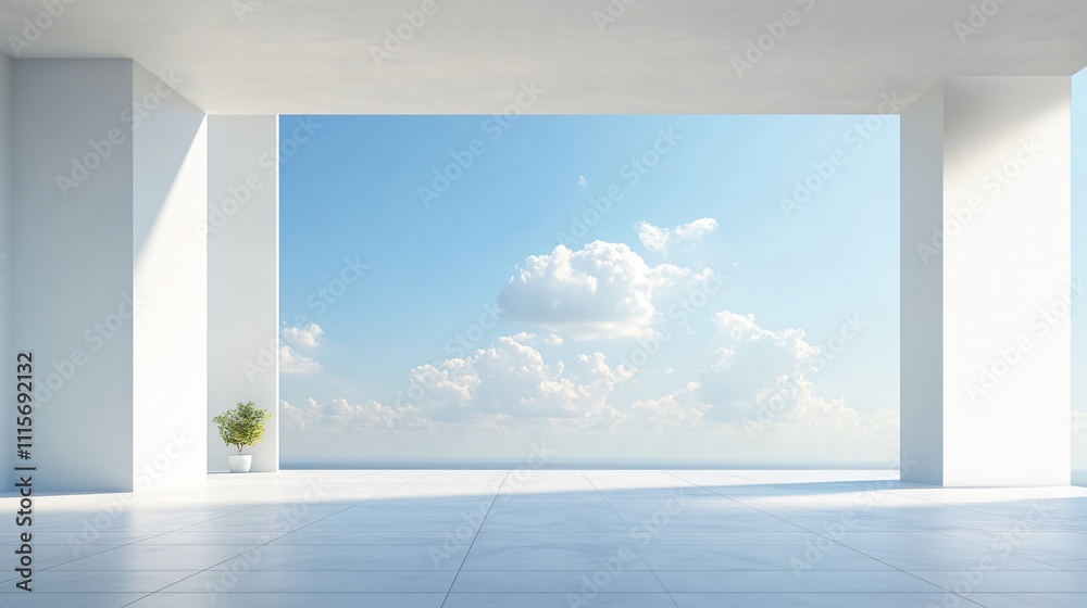 Fototapeta premium Modern white architectural building with artistic and abstract design, featuring a clean, minimalist background. The spacious ground and sky offer an ideal setting for an automotive advertisement back