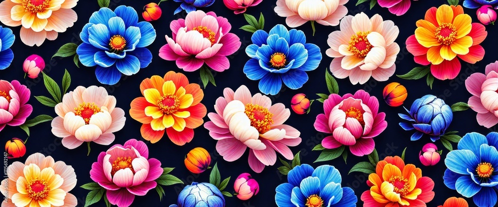 A colorful field of flowers with a blue sky in the background. The flowers are of various colors and sizes, and they are arranged in a way that creates a sense of depth and movement A colorful field of flowers with a blue sky in the background. The flowers are of various colors and sizes, and they are arranged in a way that creates a sense of depth and movement