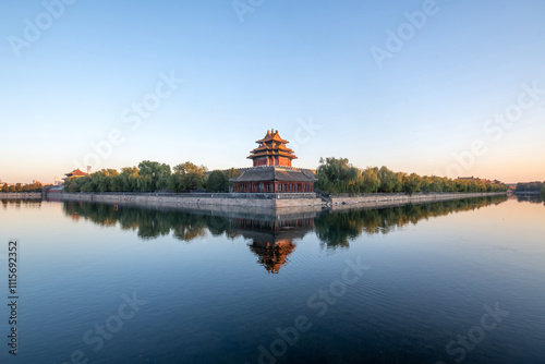 Beautiful water reflection of Forbidden City Corner Tower or Jiaolou in Beijing photo