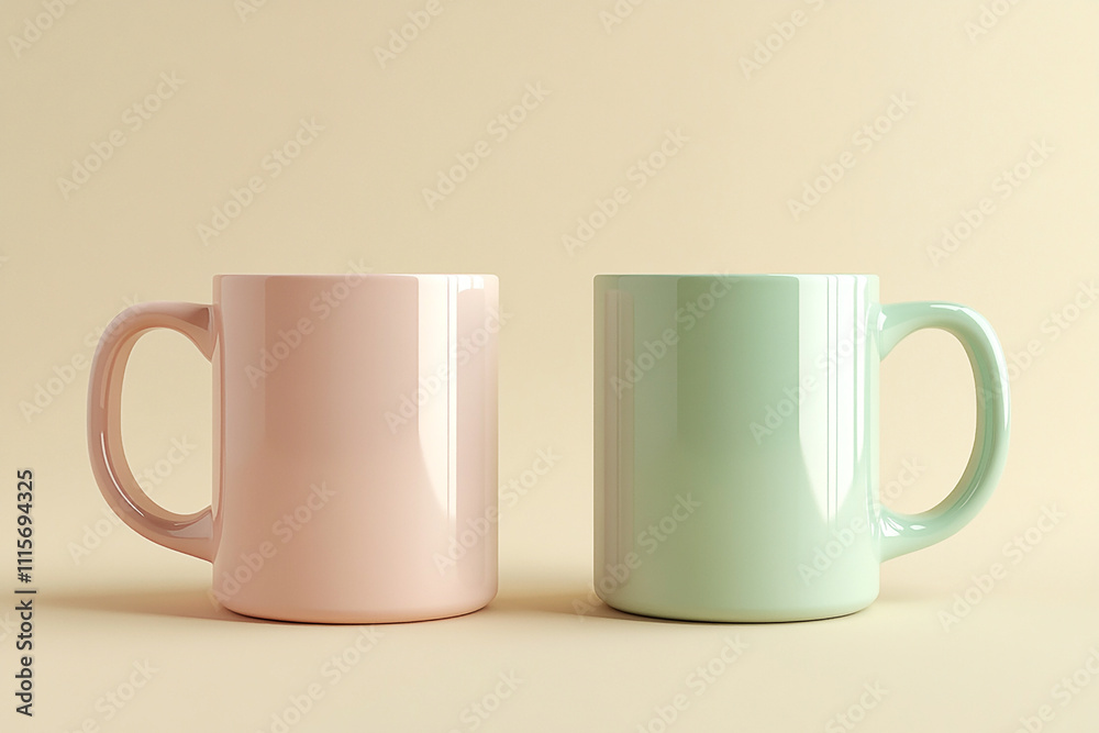 Two mugs, one pink, one light green, stand side by side on a beige background Two mugs, one pink, one light green, stand side by side on a beige background