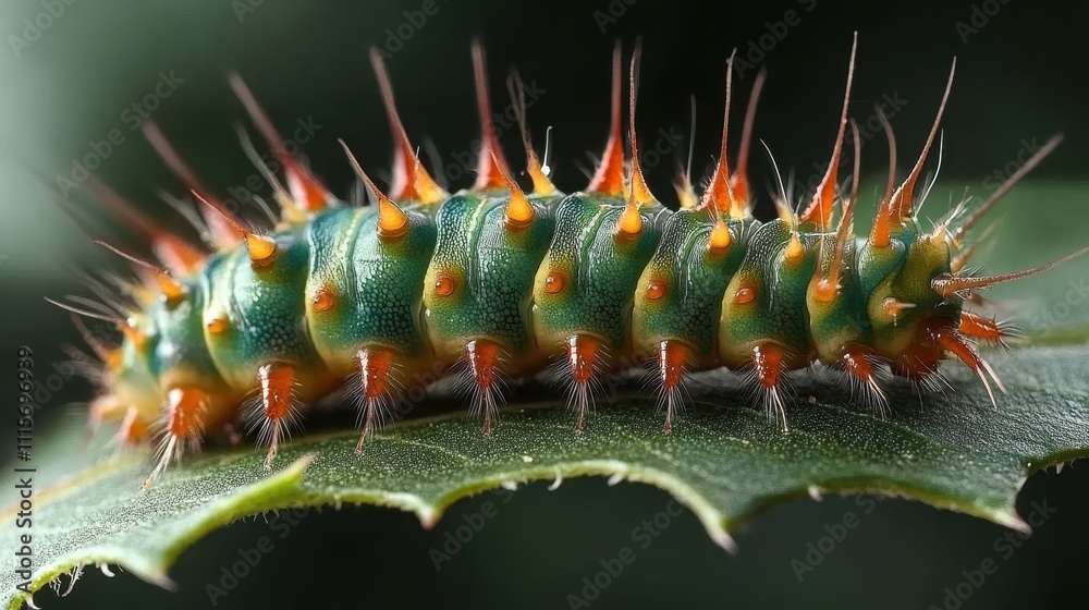 Fototapeta premium Vibrant Caterpillar Closeup on Green Leaf