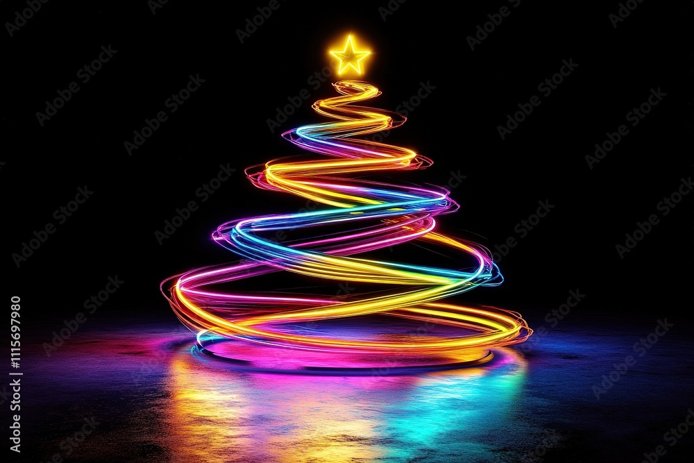 A vibrant rainbow light trail forms a Christmas tree A vibrant rainbow light trail forms a Christmas tree