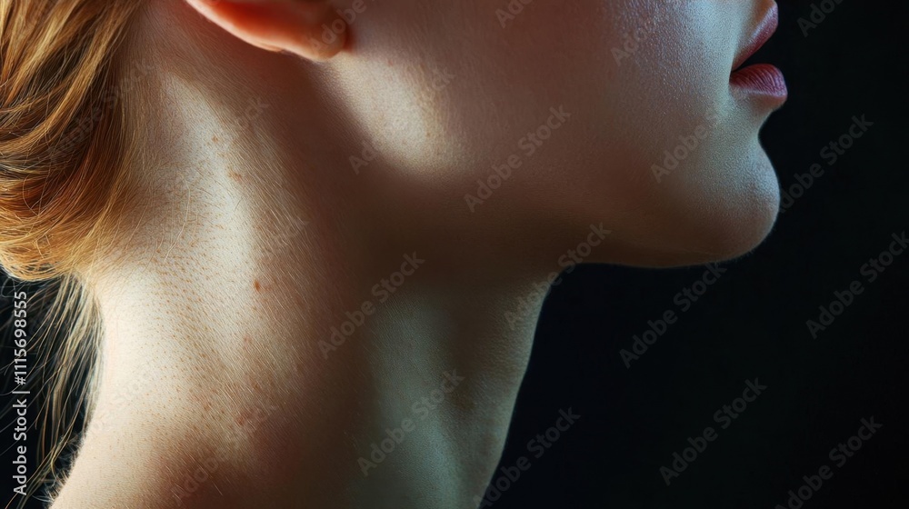 Close-up of a woman's neck and jawline in soft lighting. Close-up of a woman's neck and jawline in soft lighting.
