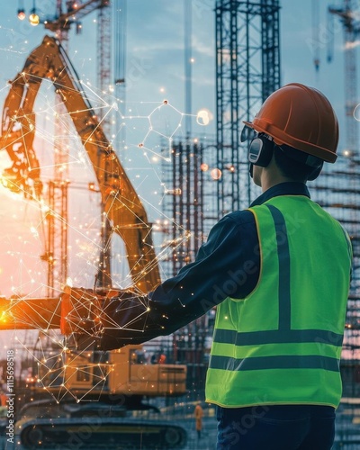 Construction worker using technology on a building site at sunset.