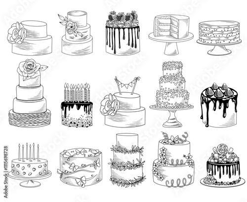 Set of hand drawn sweet pastry illustration - wedding and birthday layered cakes, vector line drawing isolated illustration of sweet food