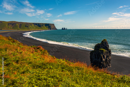 Waves at beautiful black volcanic sand beach in Vik Iceland
