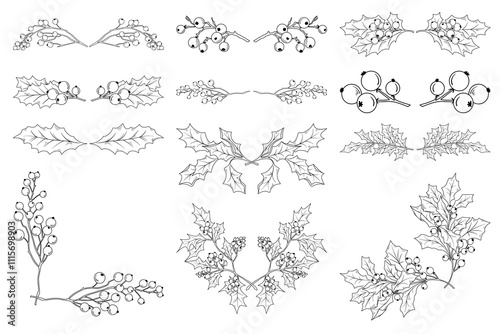 Botanical winter line drawing illustration, hand drawn holly leaves and berries, Christmas floral decorative elements, vector outline set