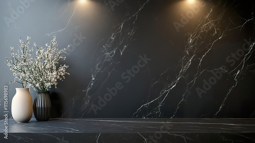 Dark marble wall with vases of white flowers, minimalist interio photo