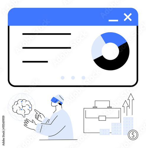 Man using VR headset points to floating brain diagram, pie chart on web interface, briefcase with currency and rising bars. Ideal for technology, finance, virtual reality, business, data analysis